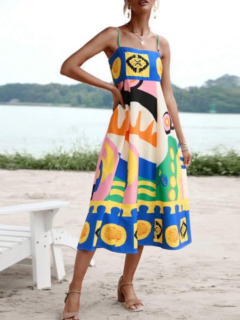 SHEIN VACAY | Geo Print Shirred Back Cami Dress | NWT